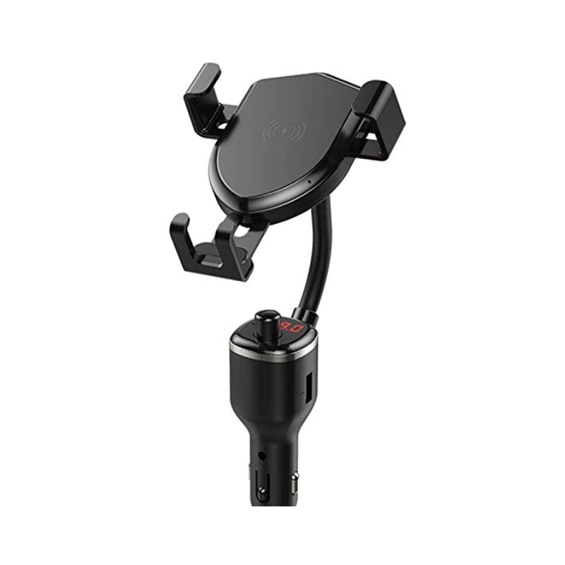 Блутут FM трансмитер с USB слот и стойка за безжично зареждане на смартфон