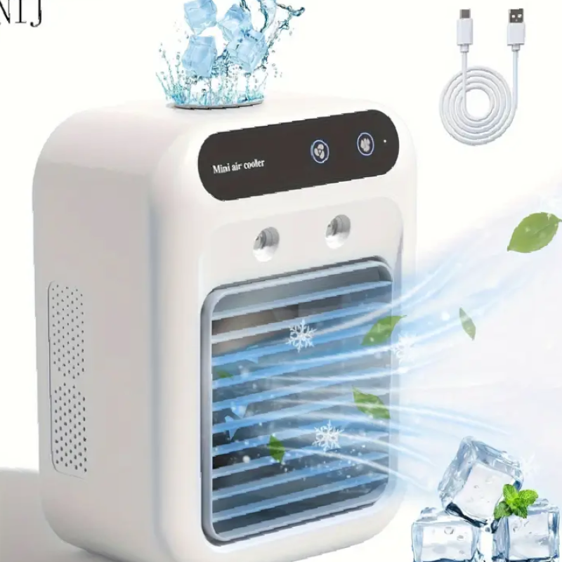 NIJ USB Мини Климатик и Вентилатор с Резервоар за Вода – Преносимо Охладително Устройство с Литиева Батерия, Безжично Зареждане и USB, Подходящо за Дом, Офис или Спалня