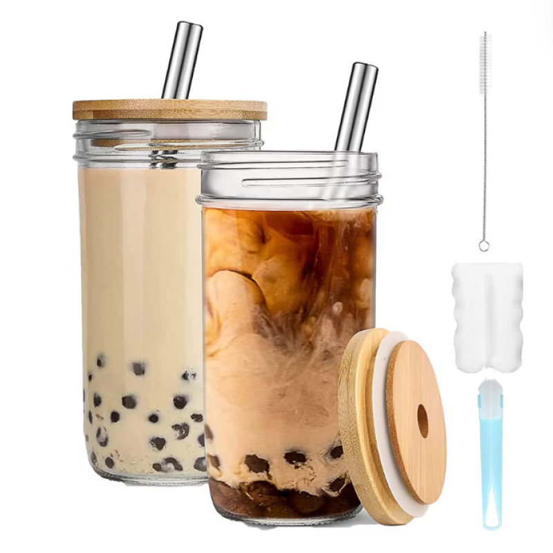 Комплект от 2 стъклени чаши за бабъл чай, с дървен капак и сламка, 720мл, прозрачни, 17,5х8,8х7см
