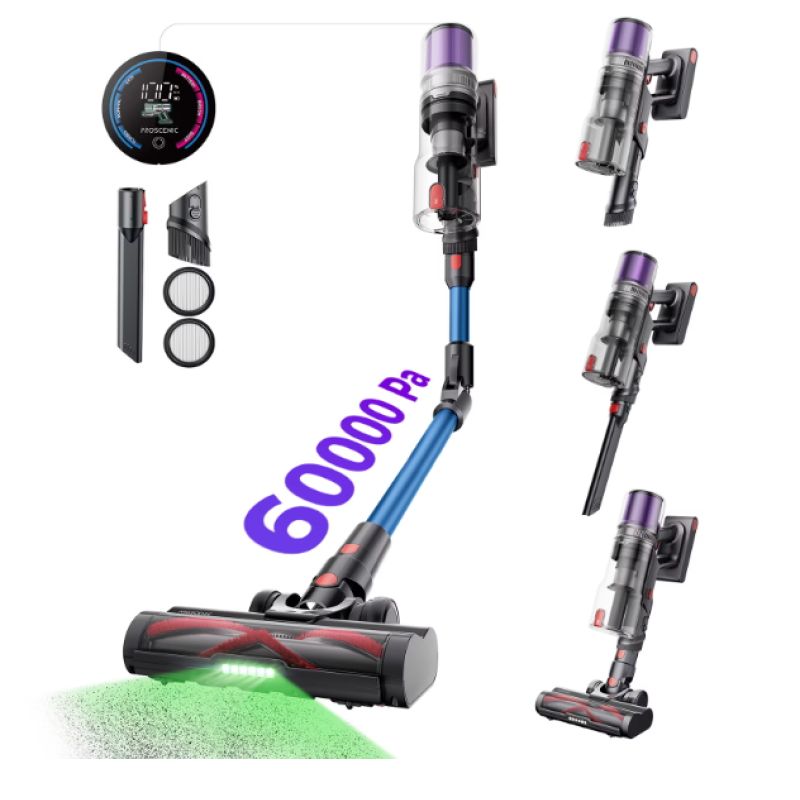 Безжична вертикална прахосмукачка Proscenic P16, 550 W, дигитален LED дисплей, стенен монтаж със зарядно устройство, 55 мин. автономност, 99.99% филтрация, капацитет 1.5 л