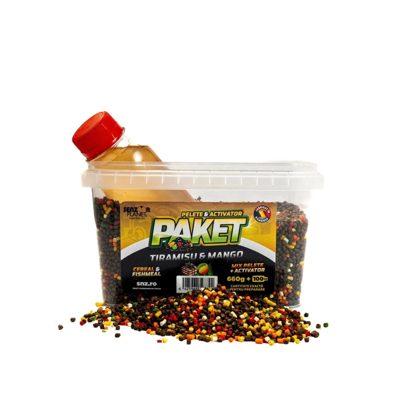 Пелети за фидер и течен активатор Senzor Planet Paket Mix Pelete Feeder + Activator Tiramisu & Mango (Тирамису и Манго) - 2мм / 660гр + 100мл