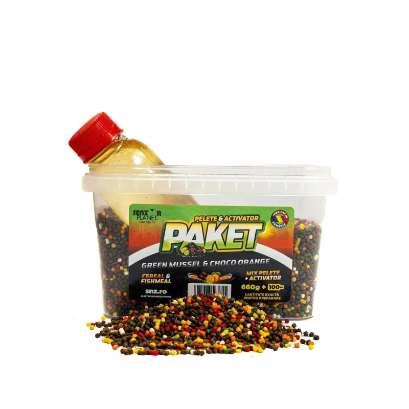 Пелети за фидер и течен активатор Senzor Planet Paket Mix Pelete Feeder + Activator Green Mussel & Choco Orange (Миди, Шоколад и Портокал) - 2мм / 660гр + 100мл