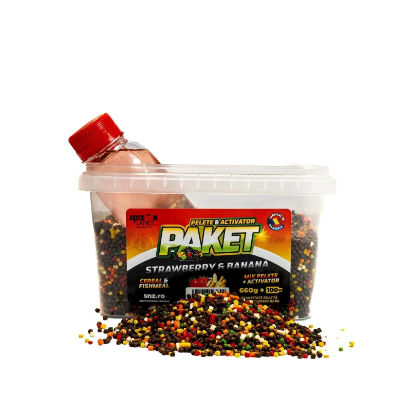 Пелети за фидер и течен активатор Senzor Planet Paket Mix Pelete Feeder + Activator Strawberry & Banana (Ягода и Банан) - 2мм / 660гр + 100мл