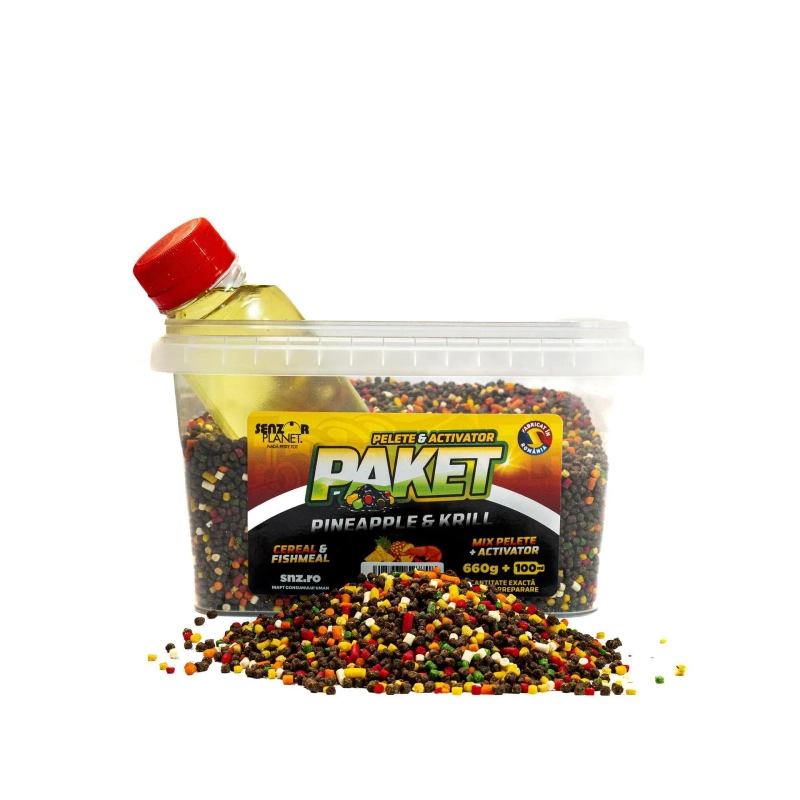 Пелети за фидер и течен активатор Senzor Planet Paket Mix Pelete Feeder + Activator Pineapple & Krill (Ананас и Крил) - 2мм / 660гр + 100мл